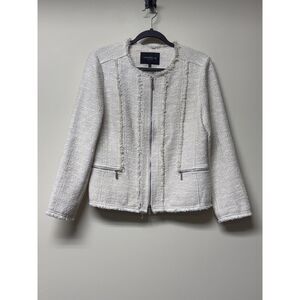 LAFAYETTE 148 Tweed Fringe Zip Front Blazer, Ivory, Pockets, Sz 8